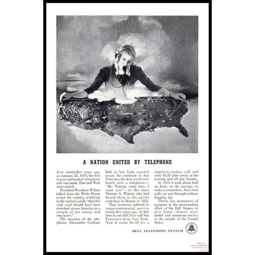 1940 Bell Telephone System Vintage Print Ad Woman Operator America Map Wall Art